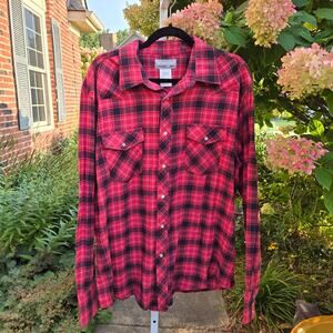 Wrangler Wrancher Shirt Red Black Plaid Flannel Pearl Snap Western Cowboy XL